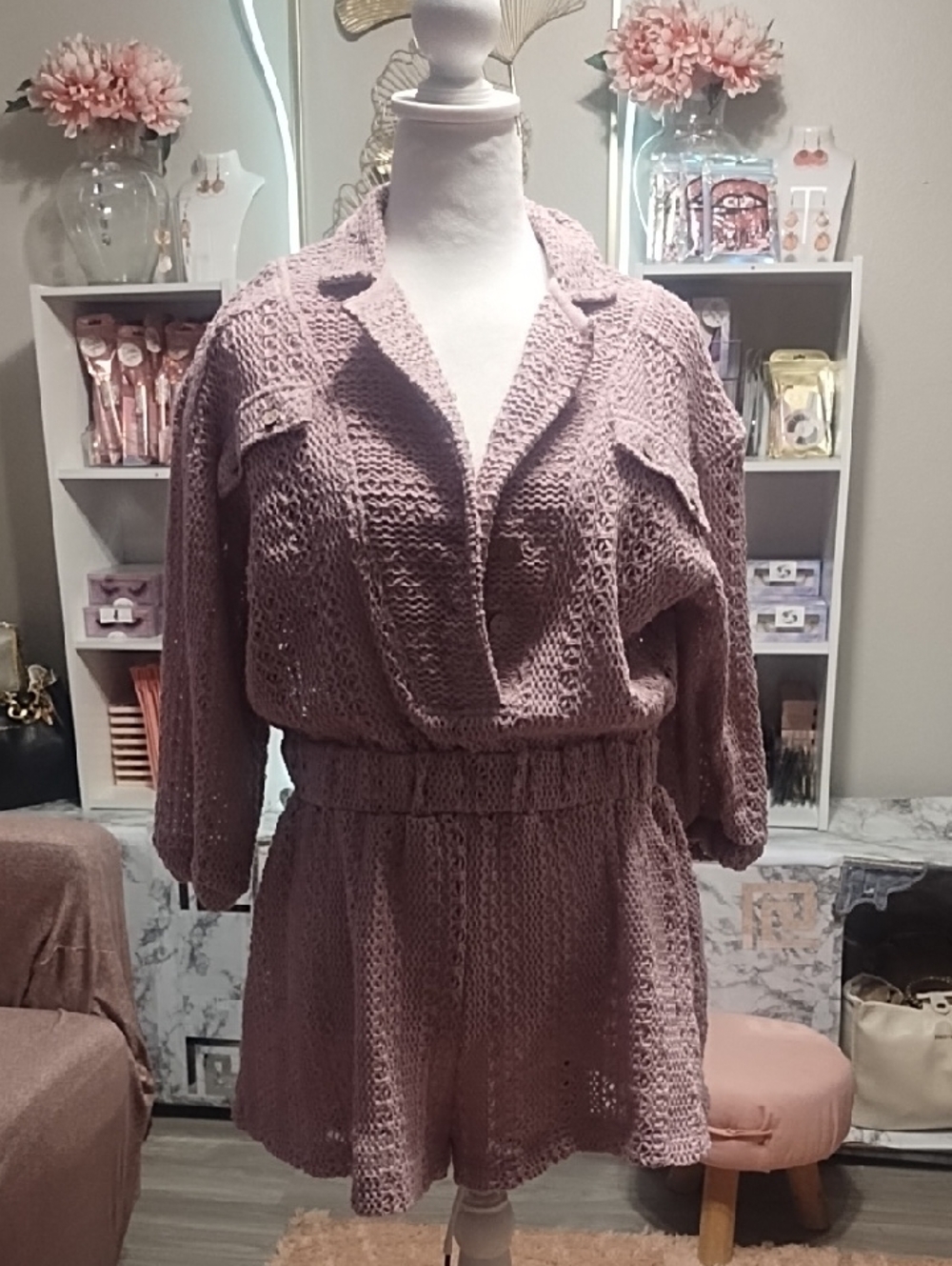 Women's V-Neck Knit Romper in Dusty Mauve